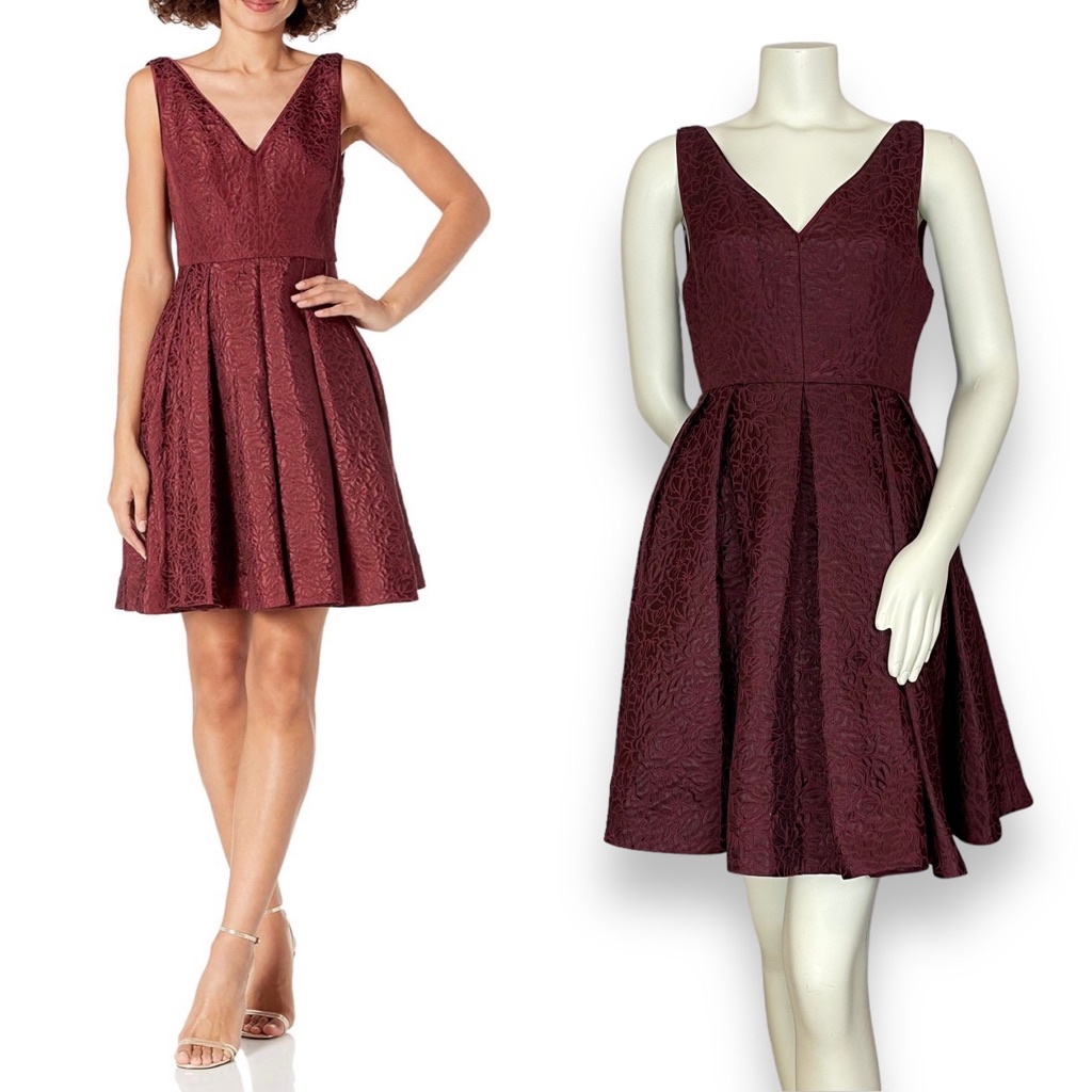 Erin By Erin Fetherston Dress A-Line Jacquard Maroon Crimson Red Fit And Flare 8
